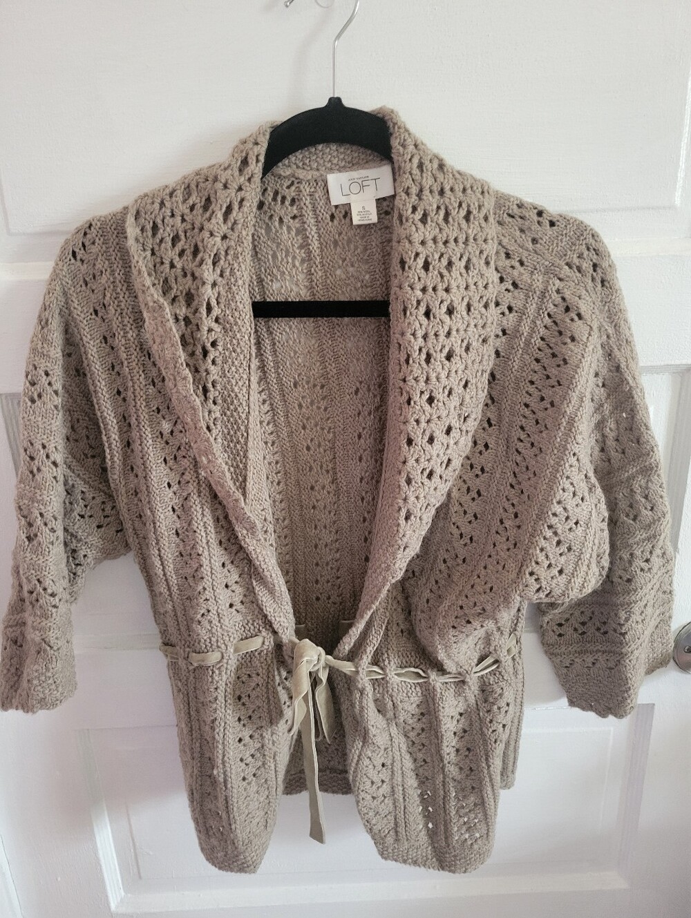 LOFT Taupe Open-Knit Shawl Collar Cardigan with Tie Waist